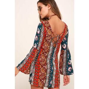 NWT Billabong Rainy Roads Shift Dress Size M Multicolor Boho Paisley LaceUp Back